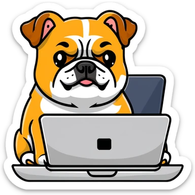 English bulldog with a laptop sticker