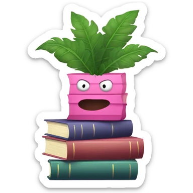 Aesthetic stack of pink books with a monster plant in the background sticker