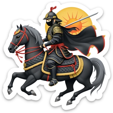 clash-of-clans-aesthetic_-cinematic-fearsome-and-majestic-samurai-bust-portrait-emoji, rendered in a flat, vector-style with minimal shading and bold, simplified shapes typical of emoji art, depicting a battle-hardened samurai with black mask and traditional black Japanese armor. The samurai is riding a noble grey warhorse adorned with an intricately designed saddle and fluttering banners and a rising sun. a samurai riding on a  horse sticker