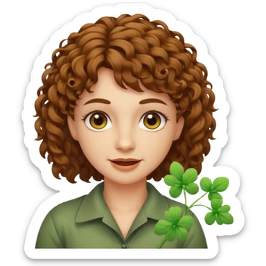 bust woman short curly brown mullet hair brown eyes white skin chewing clover stem, sarcastic grin sticker