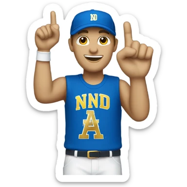 White man with blue cap that says ND in gold letters with a blue foam finger  sticker