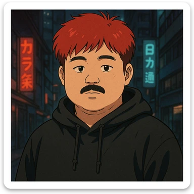 Asian man with a round face, black mustache, red hair, black hoodie, 90s Japanese anime style, soft shading, cyberpunk vibe sticker