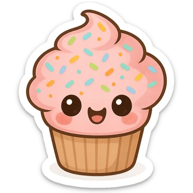 a cute pink cupcake with sprinkles, original design, big eyes, blushing cheeks, joyful sticker