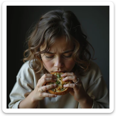 donna triste che mangia insalata, espressione triste, iperrealismo 4K, variazione 7 sticker