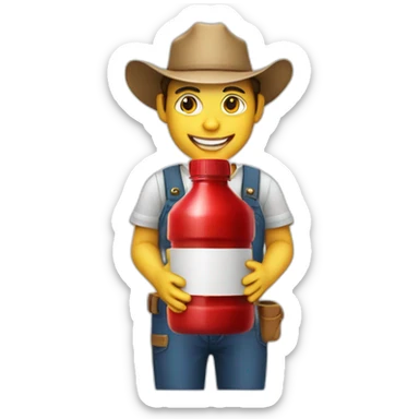 farmer with hat and red juice bottle sticker