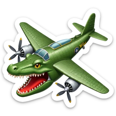 crocodile with its head transformed into the front of a WWII bomber plane mouth agape sharp teeth metallic body wings and propellers emoji style absurd meme-inspired sticker