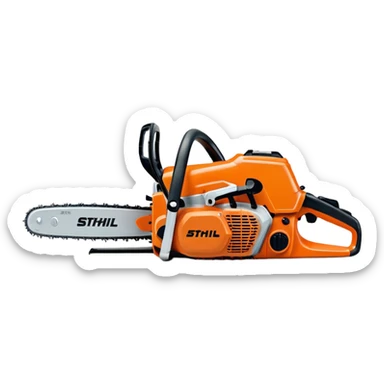 Stihl MS500i chainsaw, side view, showing the Stihl logo clearly, realistic proportions but simplified details, bright orange and silver color scheme, clean design, suitable for emoji style sticker