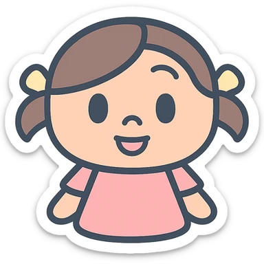 Monica Toy character as a lineal color icon, soft pastel palette, friendly and approachable sticker