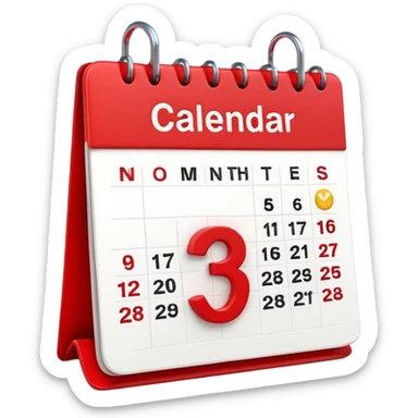 Apple-style 3D emoji icon of a calendar in perspective view, minimalistic design, only one centered date number, no month name, no weekday, no text or symbols other than the single number, realistic glossy material, soft depth, clean and detailed rendering sticker