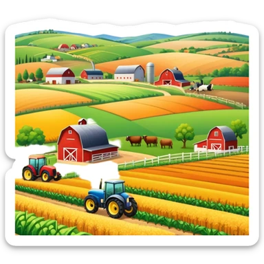 colorful rural landscape, inspired by farming simulators like Farming Simulator 22. The design shows fields, tractors, and barns, with vibrant crops and animals in the background. The peaceful farming scene symbolizes the immersive experience of managing a farm, with a transparent background sticker