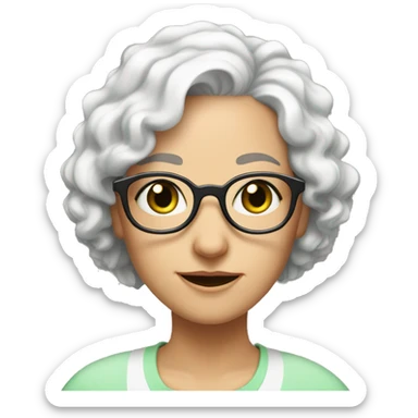 female, short curly white hair, old, wrinkles, glasses, big round visible ears, marked scar cheek, green eyes,  sticker