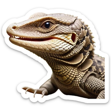 Cinematic Cute Yawning brown camo spotted monitor Lizard Portrait Emoji, Head tilted slightly with a dramatic, wide-open yawn, showcasing textured, patterned scales and sleepy, half-closed eyes exuding relaxed charm, Simplified yet irresistibly adorable features, highly detailed, glowing with a soft, cozy glow, high shine, relaxed yet expressive, stylized with a dash of whimsical wildness, soft glowing outline, capturing the essence of a drowsy yet affectionate reptile that appears ready to stretch out for a nap! sticker