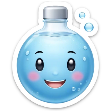 Cute Kawaii Water Bottle, round and bubbly, soft blue with tiny water droplets around, a happy smiling face, gentle glowing highlights, fresh and refreshing vibes! sticker