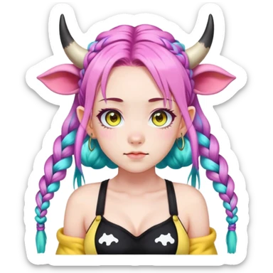 En anime-ku-jente med to rosa lange tykke fletter og cyan striper i håret, ku-horn og ku-ører, sort BH-topp over en gul cropped-fleece-blouse, lilla øyne, sticker