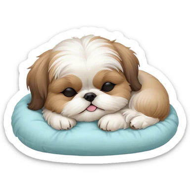 Meme-Worthy Cute Sleeping Shih Tzu Portrait Emoji, Head resting peacefully with a tender, contented smile and eyes delicately closed in serene slumber, showcasing a luxuriously fluffy fur in soft pastel tones, simplified yet irresistibly adorable, highly detailed, glowing with a warm, drowsy radiance, high shine, exuding calm, cozy charm, styled with a gentle, soft glowing outline, capturing the essence of a sleeping Shih Tzu that radiates utterly adorable, sleepy bliss! sticker