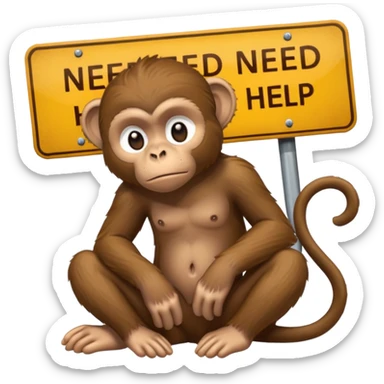 Sad Monkey sitting beside a 'neeed ħelp 🥺' sign, sticker