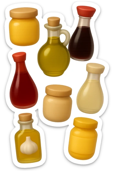 emoji stile iphone 3d di questi elementi che fluttuano in aria:

Olio extravergine d’oliva, burro chiarificato
Olio all’aglio (senza pezzetti)
Aceto di vino, aceto di riso, senape, tahin
Salsa di soia fermentata (senza aglio/cipolla)


 che fluttuano sparse casualmente in aria, iperealistico 4k sticker