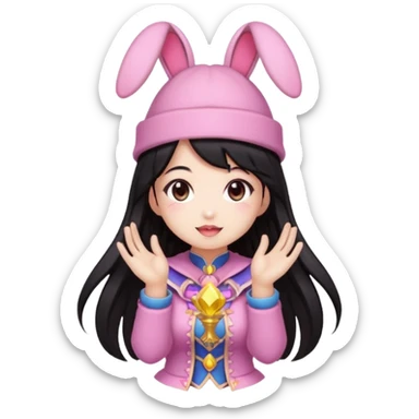 pixel art chibi asian girl with dark long hair in pink bunny ears hat magical girl with kawaii tarot cards thrown in air pixel emoji sticker