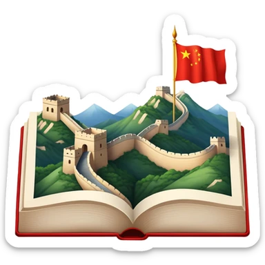 An icon featuring the Great Wall of China and the big flag of China, symbolizing the Chinese language. The design includes an open book with Chinese characters, representing language learning. Transparent background highlights the depth of Chinese heritage. sticker