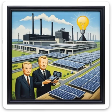 modernization scene in Germany late 1960s to 1970s with modern factories, computers, solar panels, people from industry, science, and society, gears, lightbulb, autobahn, small portraits or silhouettes of Willy Brandt and Helmut Schmidt, optimistic atmosphere sticker