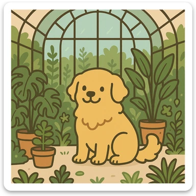 pusheen-style flat toon golden retriever in a botanical garden greenhouse sticker