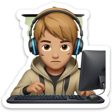 gamer with headphones playing Dota 2, focused on computer screen sticker