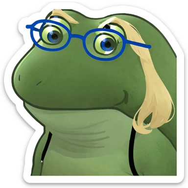 a girl with blue eyes, blond hair, and glasses, bufo frog meme style sticker
