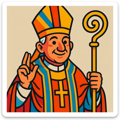 pope, classic religious attire, mitre hat, neutral background, vibrant toon style sticker