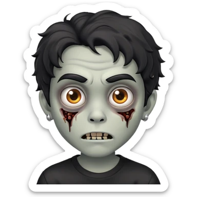 Menino de cabelos preto ondulado muleke médio brinco de argola prata redondos e pequenos em forma de zumbi com olhos castanhos usando camisa preta de pele clara sticker