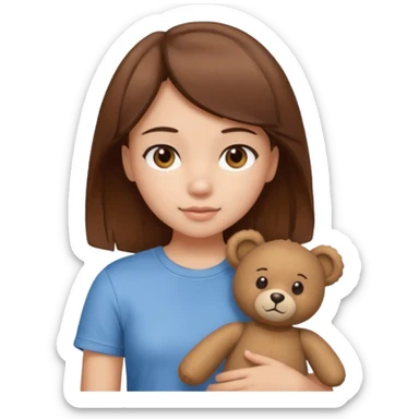 A Girl with Brown hair and Brown eyes with a t-shirt of a Teddy bear sticker