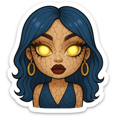 Add cracked porcelain effect to the emoji, keep glowing eyes, creepy gyaru style, blue hair, pretty makeup, bratz baddie vibe, emoji style, with no background. sticker