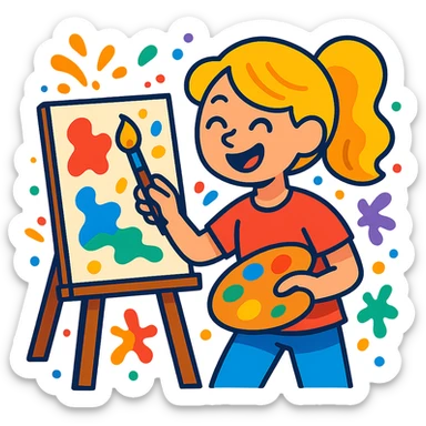 creative blond girl, painting on canvas, splashes of color, joyful mood, creative atmosphere sticker