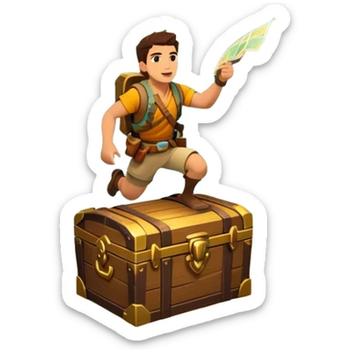 Icon for Adventure Movie: A vibrant, cinematic poster-style design featuring an action-packed scene. Include an adventurer with a map, a treasure chest, a jungle background, a towering mountain, and ancient ruins. Bright colors, bold typography, and an exciting atmosphere. Transparent background. sticker