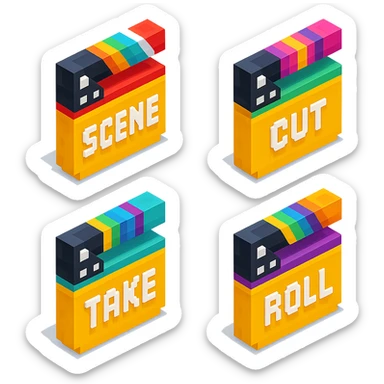 isometric view collection of movie clapperboards in voxel style, each with different colorful lids and unique text sticker