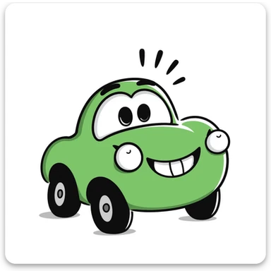 A hand-drawn green toy car with a silly grinning face and googly eyes sticker