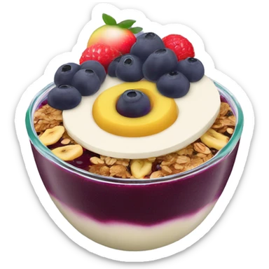 Açaí in a clear cup with layers of fruits and granola and condensed milk sticker