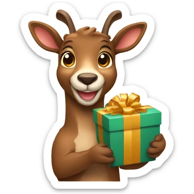 happy smiling brown chamois holding gift sticker
