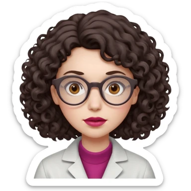 A crazy female scientist, with curly-wavy dark brown medium lenght hair, brown eyes and light grey glasses and pale skin and pinkish lips, dressed to look like an english teacher but in neutral tones like grey black white, maybe with the pop of dark red, she should look slighltly insane sticker