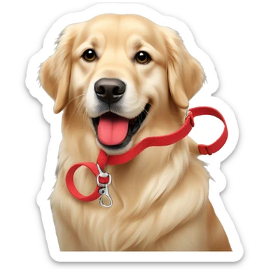 English Golden retriever holding red leash in mouth sticker