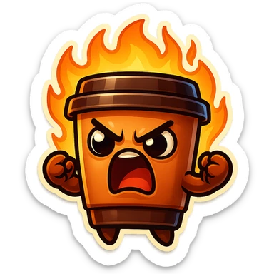 Tall coffee cup, angry, on fire, clenched fists, yelling sticker