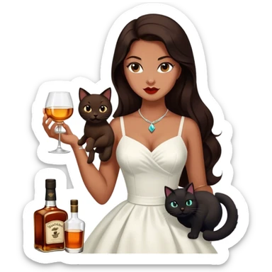 Beautiful woman in 1950’s woman fashion look, white dress, long dark brown hair, whisky with ice, black cat sticker