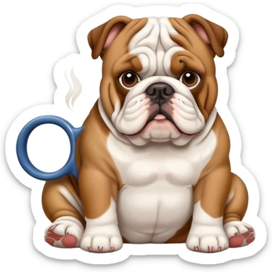 English bulldog sitting patiently with a cup of coffee sticker