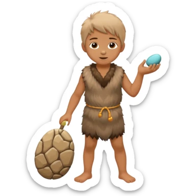 A barefoot child in fur tunic playing with a small stone toy.



















 sticker