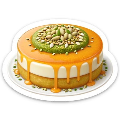 A small round emoji of traditional kanafeh with golden-orange crispy threads, a gooey white cheese center, and a light sprinkle of green pistachios. Warm and delicious-looking. sticker