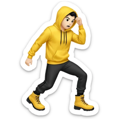 Invincible from the show invincible but whering a yellow hoodie and the mouth covered whering black pants and black boots sticker
