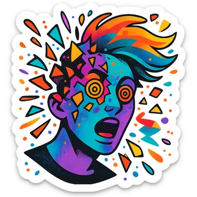 person with acid purple and turquoise neon skin, face breaking apart in colorful explosion, airbrushed, hair as flowing liquid color, spiral eyes, geometric accents, paint flecks, energetic motion sticker