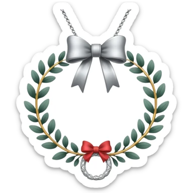 A silver necklace with a wreath shaped pendant and a bow at the top sticker