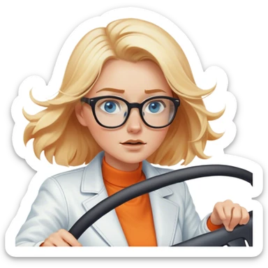 A cinematic realistic blonde with blue eyes and glasses, wearing a white jacket, is driving an orange car, her hair is slightly blowing in the wind sticker