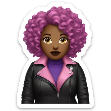 Edgy Plus size black woman with very short pink curly hair and a purple leather biker jacket with makeup on face. sticker