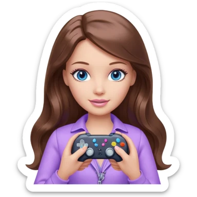 beautiful barbie girl with long brown hair, blue eyes and wearing light purple clothes playing console games with controller sticker
